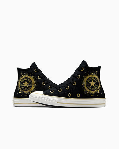 Zapatillas Converse Chuck Taylor All Star Gold Stars Niños Negras Doradas Blancas Chile | C-63490219