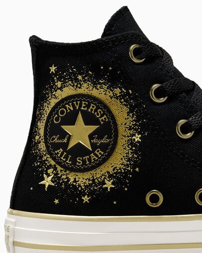 Zapatillas Converse Chuck Taylor All Star Gold Stars Niños Negras Doradas Blancas Chile | C-63490219